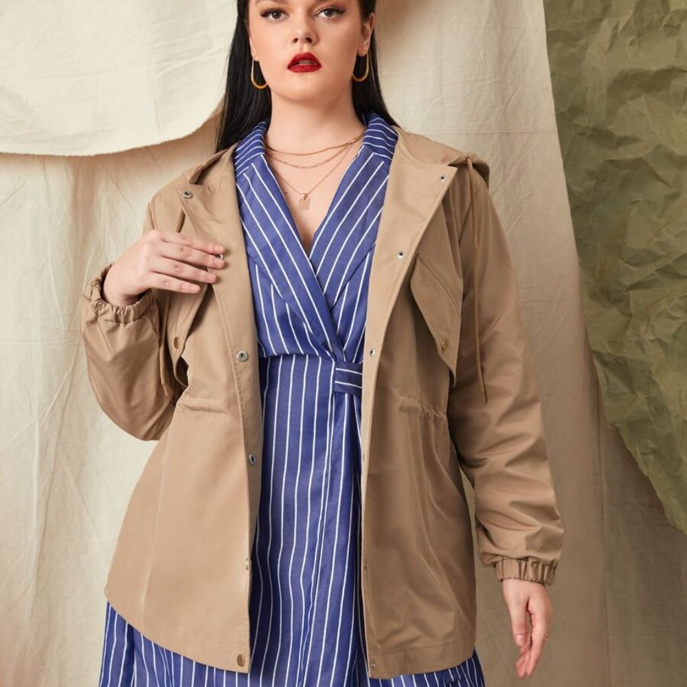 Snap Button Front Drawstring Hooded Coat - Picture 5 of 5